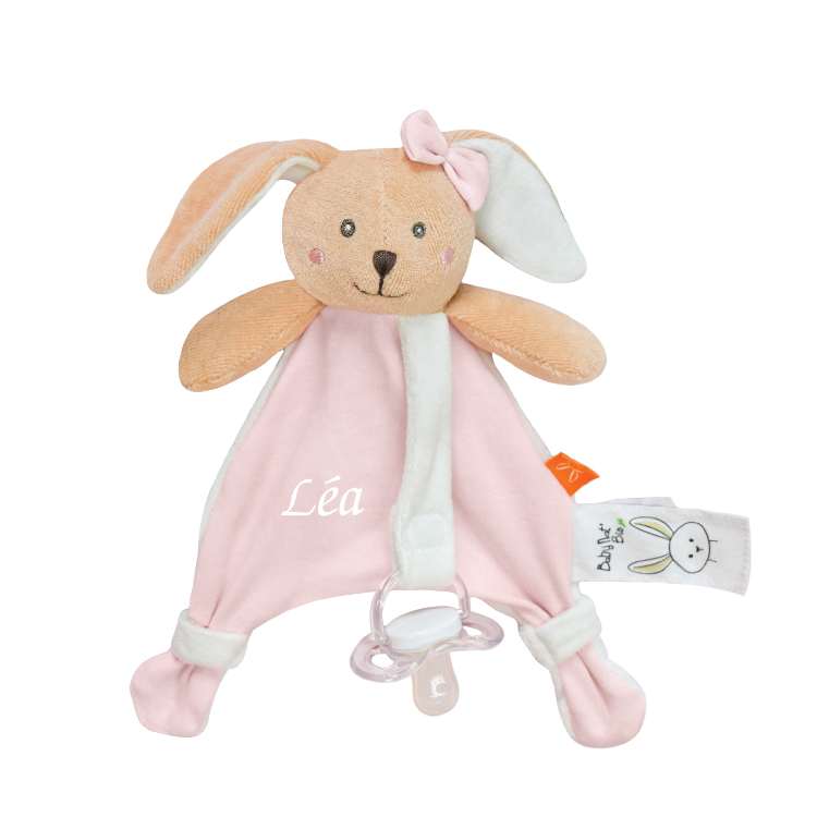  - coton bio - attache-sucette lapin rose 18 cm 